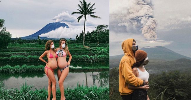 Фотографии туристов на фоне проснувшегося вулкана Агунг