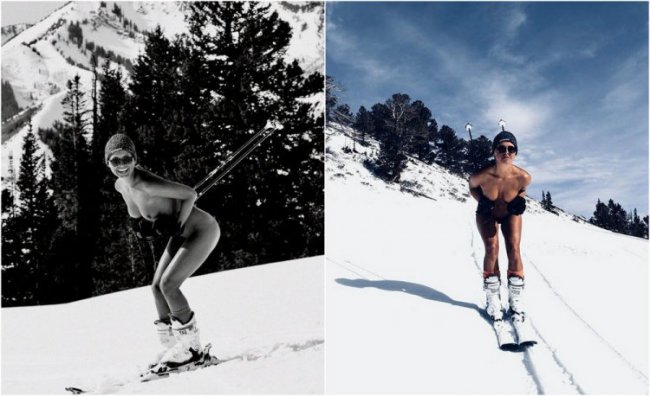 Обнаженная Мариса Папен катается на лыжах