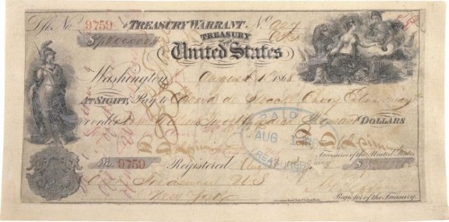 Чек на 7,2 млн долларов США, предъявленный для оплаты покупки Аляски, 1867